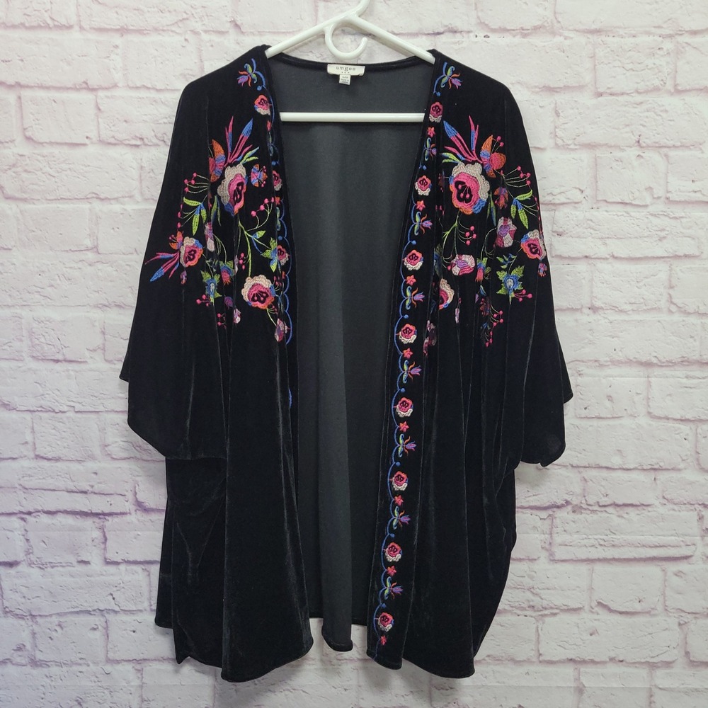 Umgee Black Floral Velvet Kimono Cardigan S/M Embroidered Boho Festival Cottage
